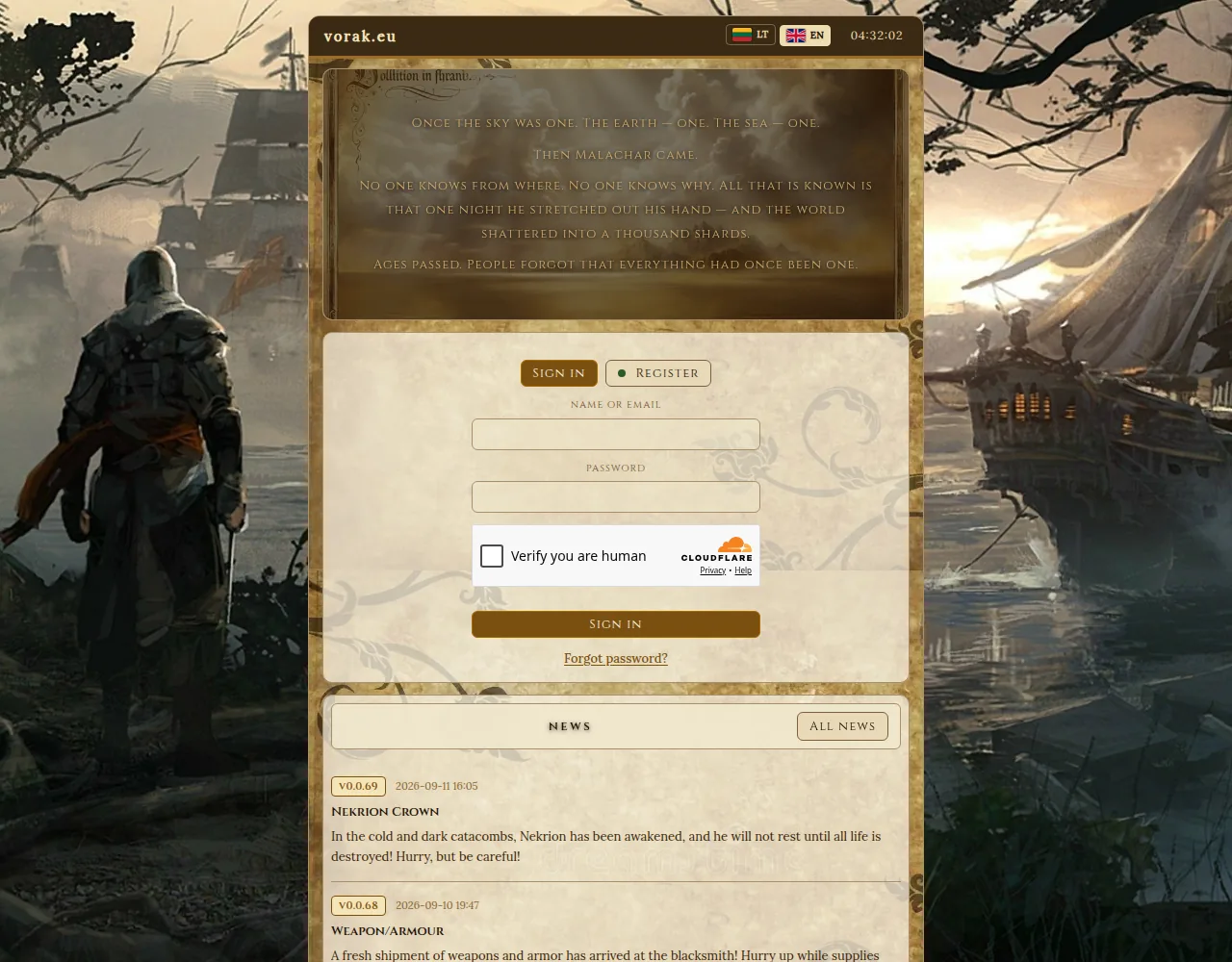 Vorak — the login screen with its parchment interface and painted harbor backdrop